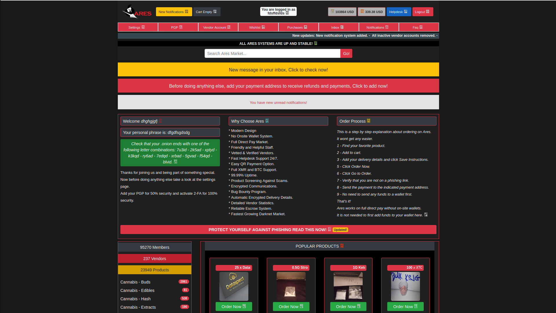 Ares Market advanced dashboard interface showing cryptocurrency transactions, order management, and security features